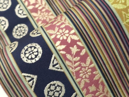 平和屋着物●本場筑前博多織　半幅帯　幾何学花間道　正絹　逸品　CABG9469dy