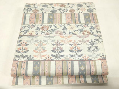 平和屋着物●六通柄袋帯　横段草花文　正絹　逸品　CABG9473dy