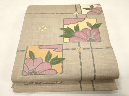 平和屋着物●六通柄袋帯　伯岳　格子花文　正絹　逸品　CABG9490dy