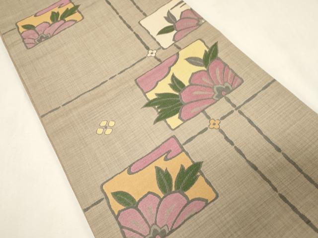 平和屋着物●六通柄袋帯　伯岳　格子花文　正絹　逸品　CABG9490dy