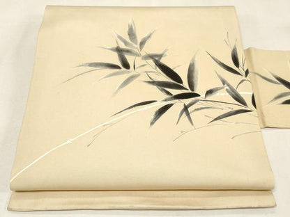 平和屋着物●塩瀬　九寸名古屋帯　手描き　笹竹文　正絹　逸品　CABG9516dy