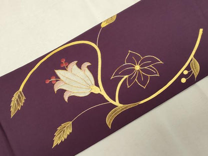 平和屋着物●塩瀬　九寸名古屋帯　駒刺繍　草花文　金彩　正絹　逸品　CABG9519dy