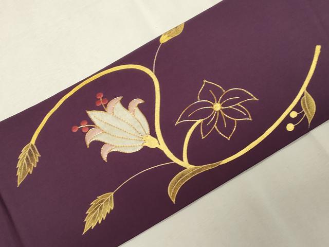 平和屋着物●塩瀬　九寸名古屋帯　駒刺繍　草花文　金彩　正絹　逸品　CABG9519dy