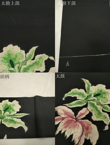 平和屋着物●塩瀬　九寸名古屋帯　作家物　手描き　ろうけつ染め　カトレア　黒地　正絹　逸品　CABG9520dy