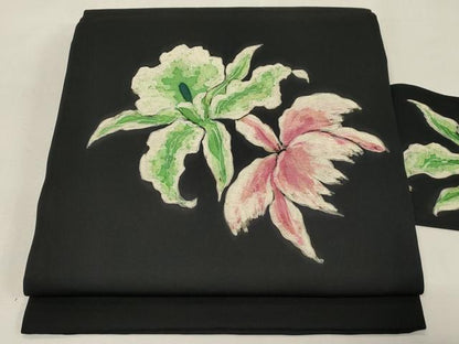 平和屋着物●塩瀬　九寸名古屋帯　作家物　手描き　ろうけつ染め　カトレア　黒地　正絹　逸品　CABG9520dy