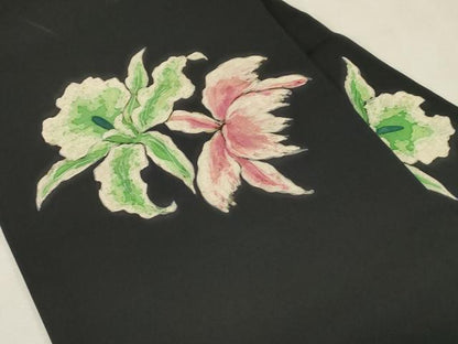 平和屋着物●塩瀬　九寸名古屋帯　作家物　手描き　ろうけつ染め　カトレア　黒地　正絹　逸品　CABG9520dy