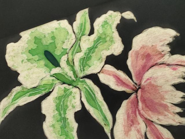 平和屋着物●塩瀬　九寸名古屋帯　作家物　手描き　ろうけつ染め　カトレア　黒地　正絹　逸品　CABG9520dy