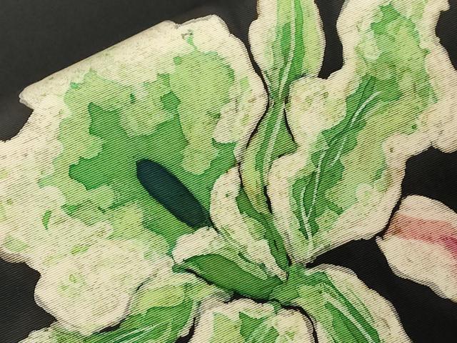 平和屋着物●塩瀬　九寸名古屋帯　作家物　手描き　ろうけつ染め　カトレア　黒地　正絹　逸品　CABG9520dy