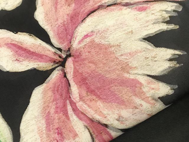 平和屋着物●塩瀬　九寸名古屋帯　作家物　手描き　ろうけつ染め　カトレア　黒地　正絹　逸品　CABG9520dy