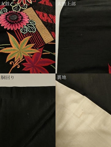 平和屋着物●アンティーク　大正ロマン　九寸名古屋帯　総手刺繍　草花文　黒地　金糸　正絹　逸品　CABG9521dy