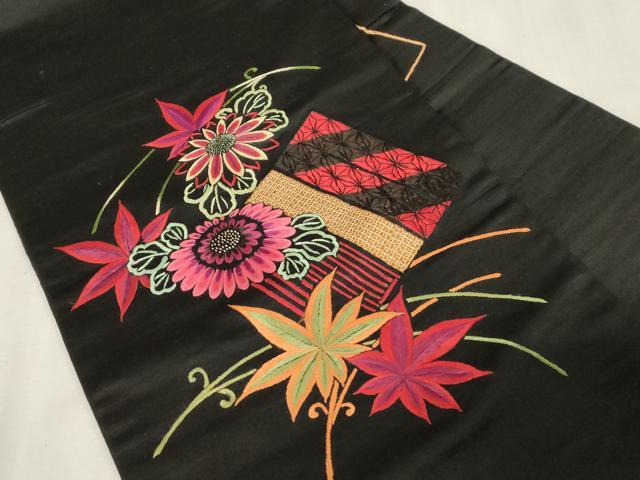 平和屋着物●アンティーク　大正ロマン　九寸名古屋帯　総手刺繍　草花文　黒地　金糸　正絹　逸品　CABG9521dy