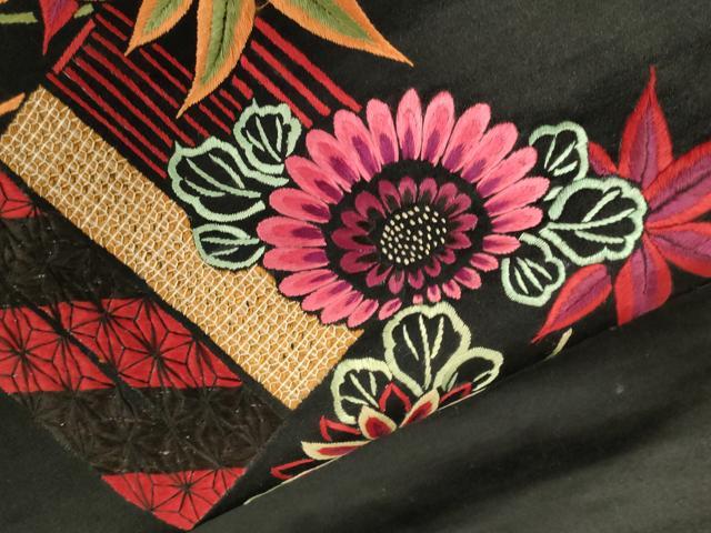 平和屋着物●アンティーク　大正ロマン　九寸名古屋帯　総手刺繍　草花文　黒地　金糸　正絹　逸品　CABG9521dy