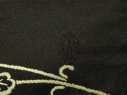 平和屋着物●アンティーク　大正ロマン　九寸名古屋帯　総手刺繍　草花文　黒地　金糸　正絹　逸品　CABG9521dy