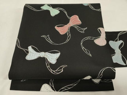 平和屋着物●九寸名古屋帯　唐織　リボン　黒地　銀糸　正絹　逸品　CABG9523dy
