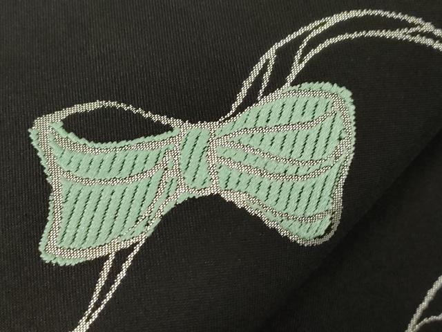 平和屋着物●九寸名古屋帯　唐織　リボン　黒地　銀糸　正絹　逸品　CABG9523dy