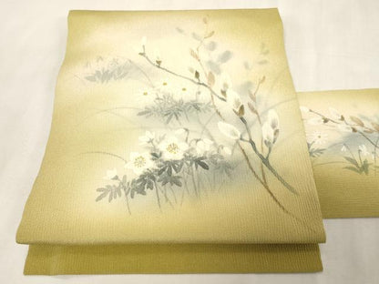 平和屋着物●九寸名古屋帯　手描き　草花文　鬼しぼ縮緬　正絹　逸品　CABG9524dy
