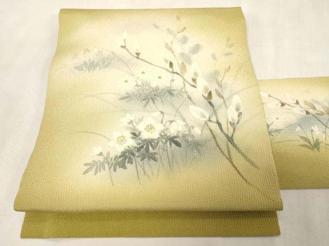 平和屋着物●九寸名古屋帯　手描き　草花文　鬼しぼ縮緬　正絹　逸品　CABG9524dy