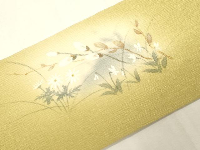 平和屋着物●九寸名古屋帯　手描き　草花文　鬼しぼ縮緬　正絹　逸品　CABG9524dy