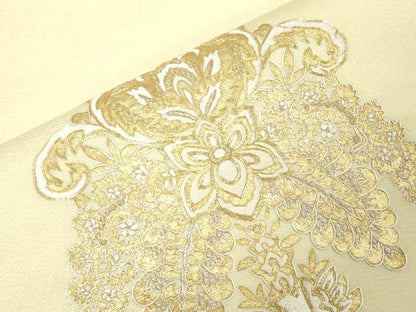 平和屋着物●九寸開き名古屋帯　駒刺繍　幾何学花文　金銀糸　正絹　逸品　未使用　CABG9527dy