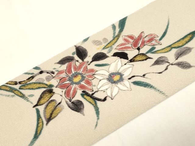 平和屋着物●京友禅作家　山科春宣　九寸名古屋帯　手描き　草花文　金彩　正絹　逸品　未使用　CABG9530dy