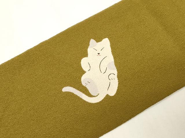 平和屋着物●九寸名古屋帯　猫　鬼しぼ縮緬　正絹　逸品　CABG9531dy