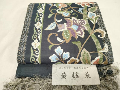 平和屋着物●両面　六通柄袋帯　経錦織　黄櫨染　花唐草文　廣部商事謹製　反端付き　正絹　逸品　未使用　CABG9546dy