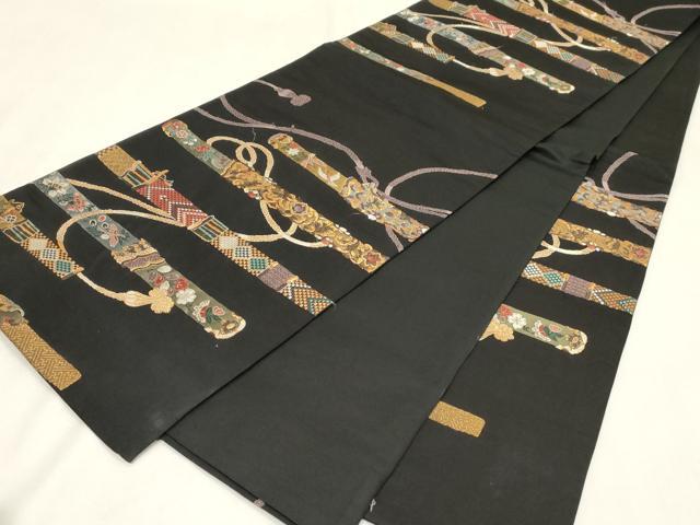 平和屋着物●六通柄袋帯　横段花文　黒地　金糸　正絹　逸品　CABG9560dy