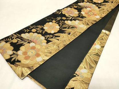 平和屋着物●六通柄袋帯　草花文　黒地　金銀糸　正絹　逸品　CABG9580dy