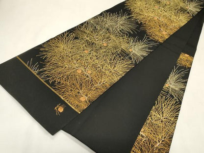 平和屋着物●両面　六通柄袋帯　松葉文　黒地　金糸　正絹　逸品　CABG9589dy