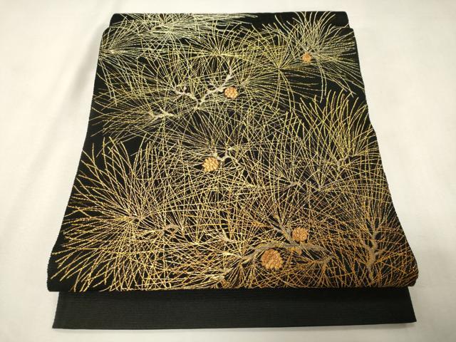 平和屋着物●両面　六通柄袋帯　松葉文　黒地　金糸　正絹　逸品　CABG9589dy
