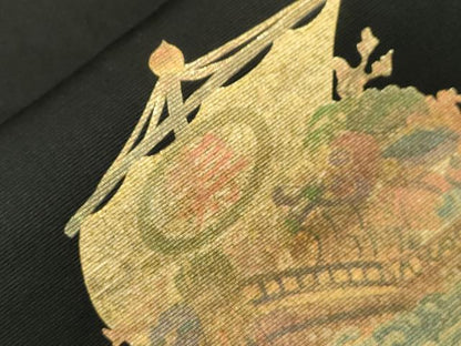 平和屋着物●両面　六通柄袋帯　松葉文　黒地　金糸　正絹　逸品　CABG9589dy