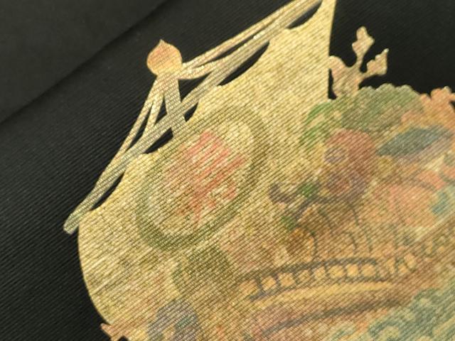 平和屋着物●両面　六通柄袋帯　松葉文　黒地　金糸　正絹　逸品　CABG9589dy