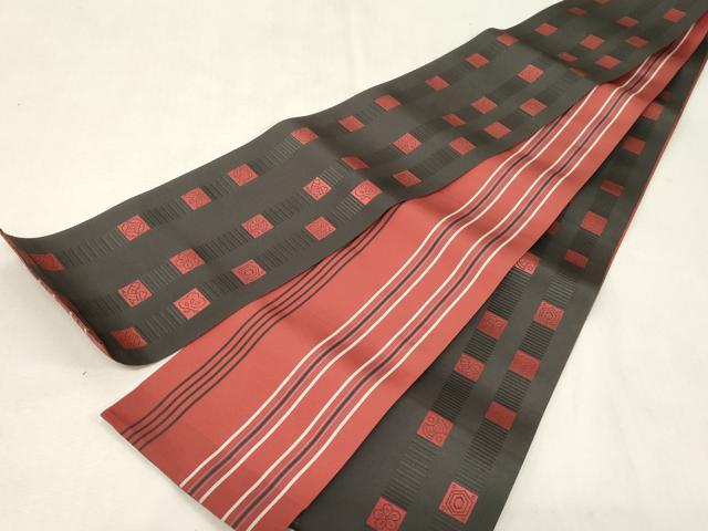 平和屋着物●本場筑前博多織　両面　半幅帯　宝尽くし間道　正絹　逸品　未使用　CABG9591dy