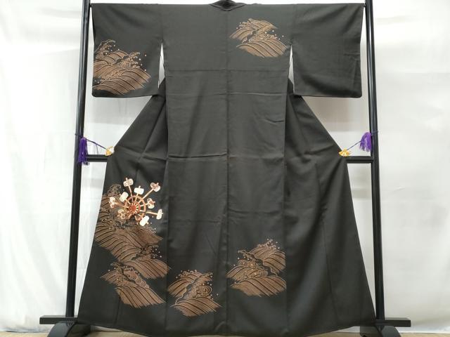 平和屋着物■訪問着　駒刺繍　立波　木槌車　黒地　金糸　正絹　逸品　CABG9621fb