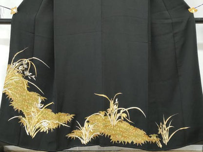 平和屋着物■豪華黒留袖　刺繍　笹草花文　金彩　正絹　逸品　CABG9629fb