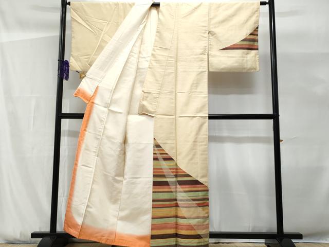 平和屋着物■訪問着　紬地　横段文　正絹　逸品　CABG9641fb