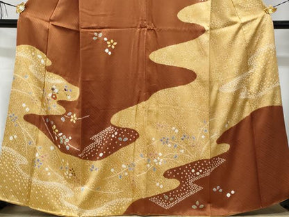 平和屋着物■訪問着　刺繍　絞り　流水枝花文　金糸　正絹　逸品　CABG9679fb