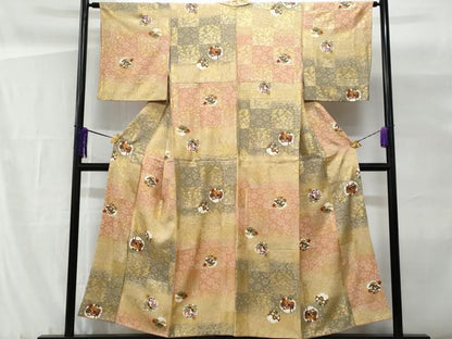 平和屋着物■上質な小紋 市松雪輪舞蝶花文 暈し染め 金彩 正絹 逸品 CABG9681fb