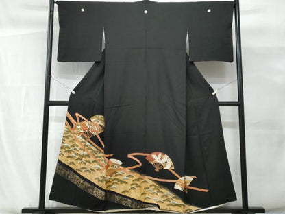 平和屋着物■豪華黒留袖 駒刺繍 扇面飛鶴御所車松竹梅 金彩 正絹 逸品 CABG9713fb