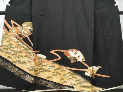 平和屋着物■豪華黒留袖 駒刺繍 扇面飛鶴御所車松竹梅 金彩 正絹 逸品 CABG9713fb