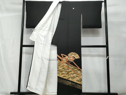 平和屋着物■豪華黒留袖 駒刺繍 扇面飛鶴御所車松竹梅 金彩 正絹 逸品 CABG9713fb