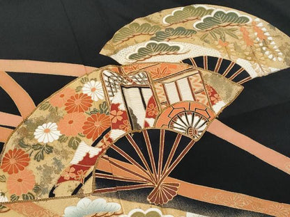 平和屋着物■豪華黒留袖 駒刺繍 扇面飛鶴御所車松竹梅 金彩 正絹 逸品 CABG9713fb