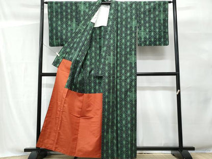 平和屋着物■上質な紬　麻の葉文様　胴抜き仕立て　正絹　逸品　未使用　CABG9751fb
