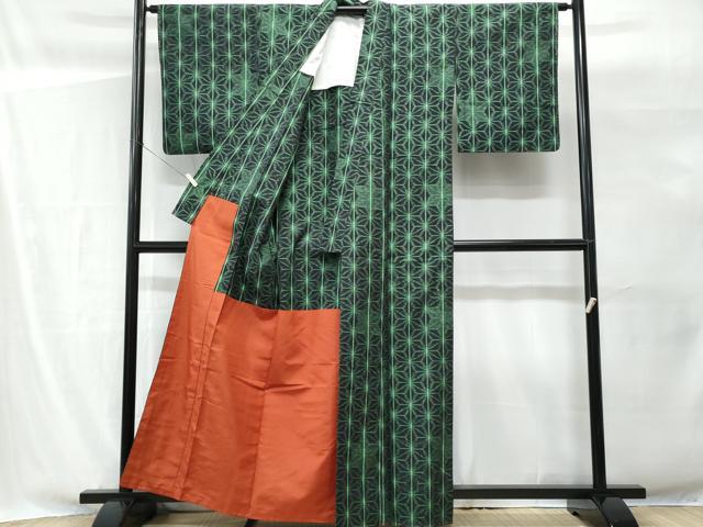 平和屋着物■上質な紬　麻の葉文様　胴抜き仕立て　正絹　逸品　未使用　CABG9751fb