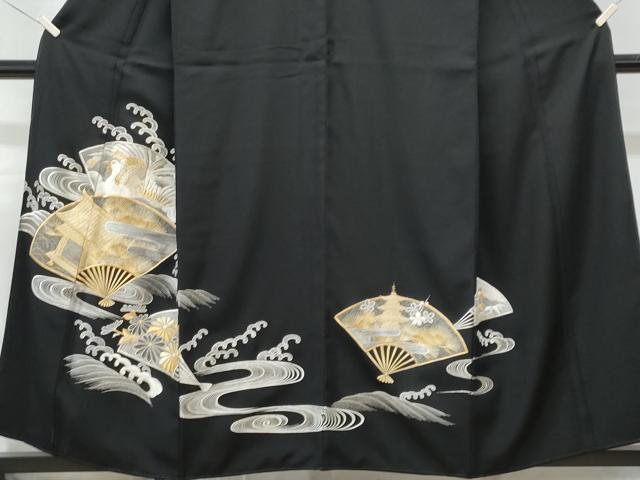 平和屋着物■豪華黒留袖　総刺繍　立波扇面文　金銀糸　正絹　逸品　CABG9760fb