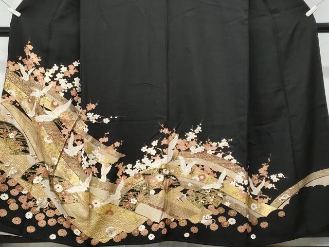 平和屋着物■豪華黒留袖　飛鶴地紙宝尽し花文　金銀彩　正絹　逸品　CABG9809fb