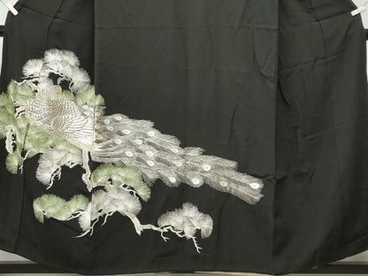 平和屋着物■豪華黒留袖　刺繍　孔雀枝松文　金銀糸　正絹　逸品　CABG9810fb