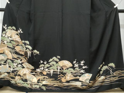 平和屋着物■豪華黒留袖　流水扇面飛鶴吉祥文　金彩　正絹　逸品　CABG9811fb