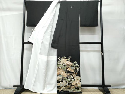 平和屋着物■豪華黒留袖　流水扇面飛鶴吉祥文　金彩　正絹　逸品　CABG9811fb
