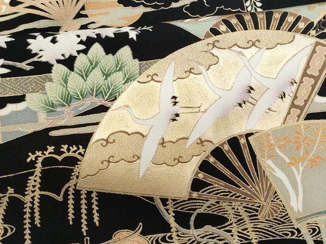 平和屋着物■豪華黒留袖　流水扇面飛鶴吉祥文　金彩　正絹　逸品　CABG9811fb